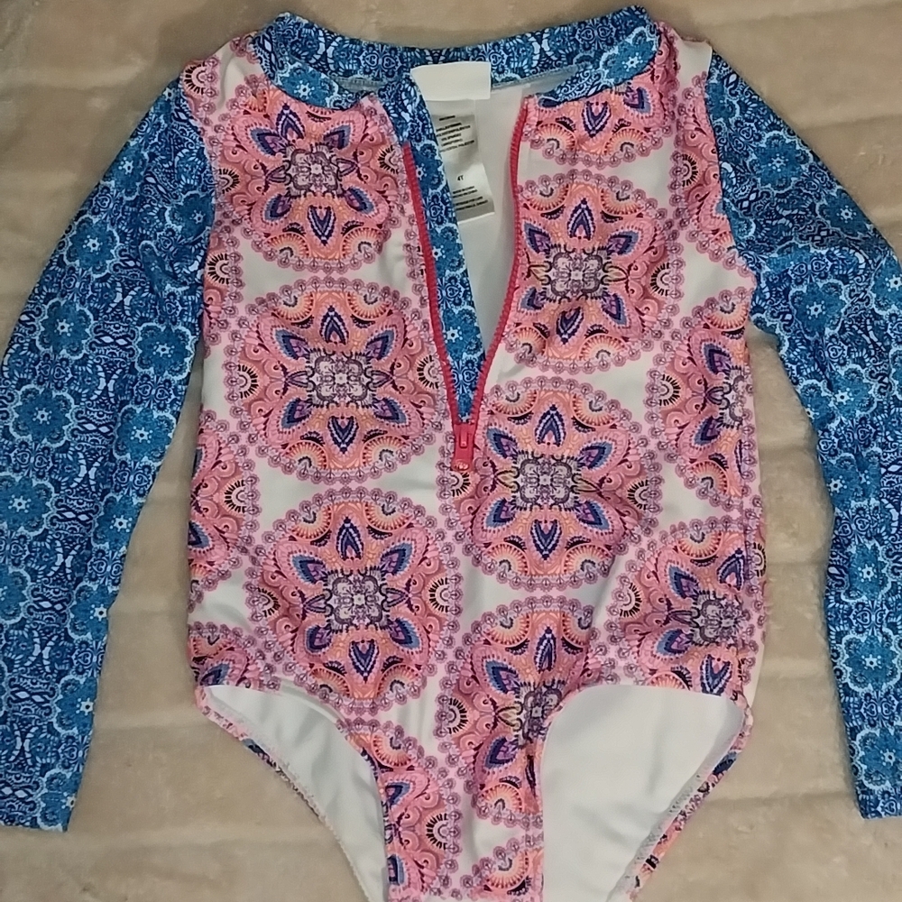Girls Long Sleeve One-Piece Swimsuit - Pink & Blue Medallion Print